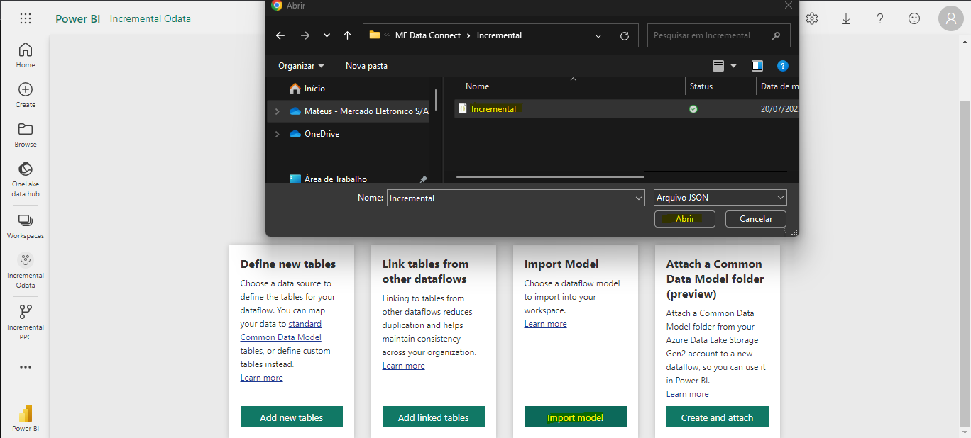 Figura 7. Tela Incremental OData > Create a Dataflow > Import Model