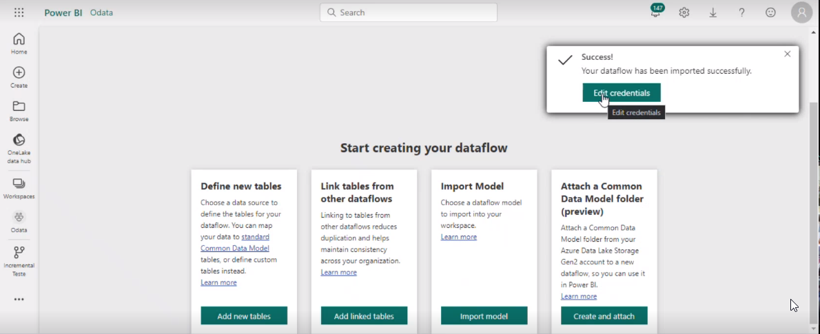 Figure 8. Incremental OData screen > Create a Dataflow > Import Model > Credentials