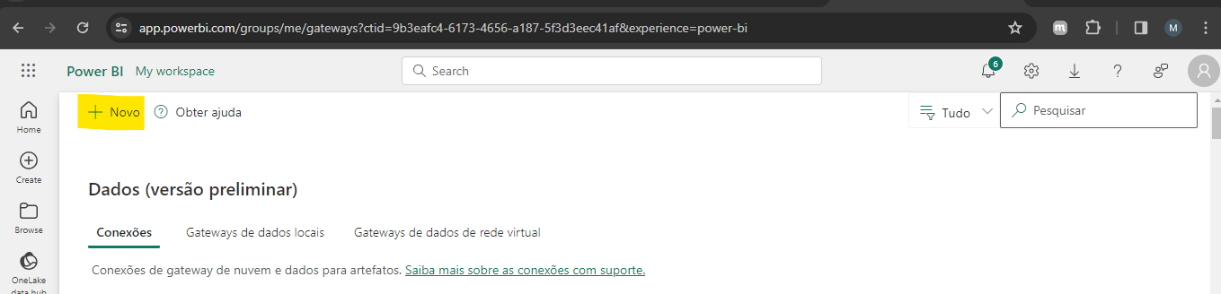 Figura 2. Tela de Conexões e Gateways do Power BI com o botão +Novo