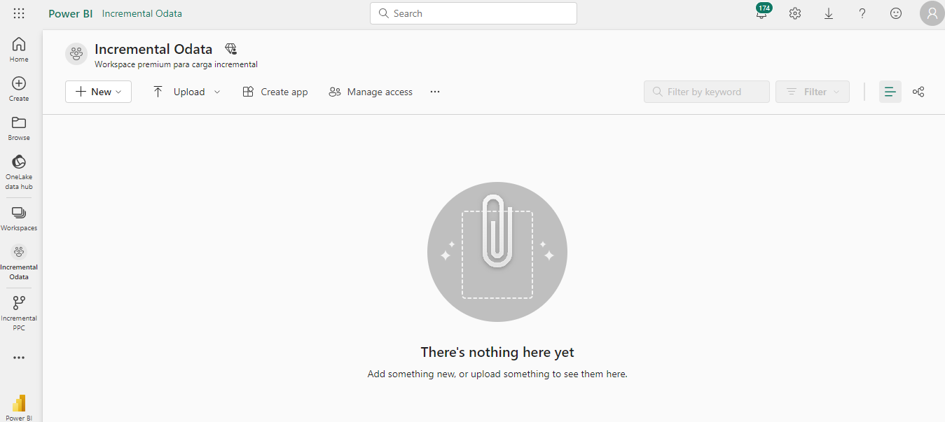 Figura 4. Tela Power BI > Workspace para carga incremental criado