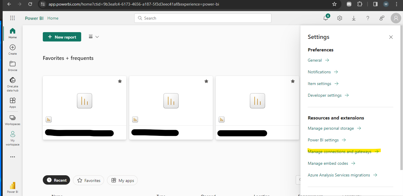Figure 1. Power BI screen > Settings > Manage connections and gateway