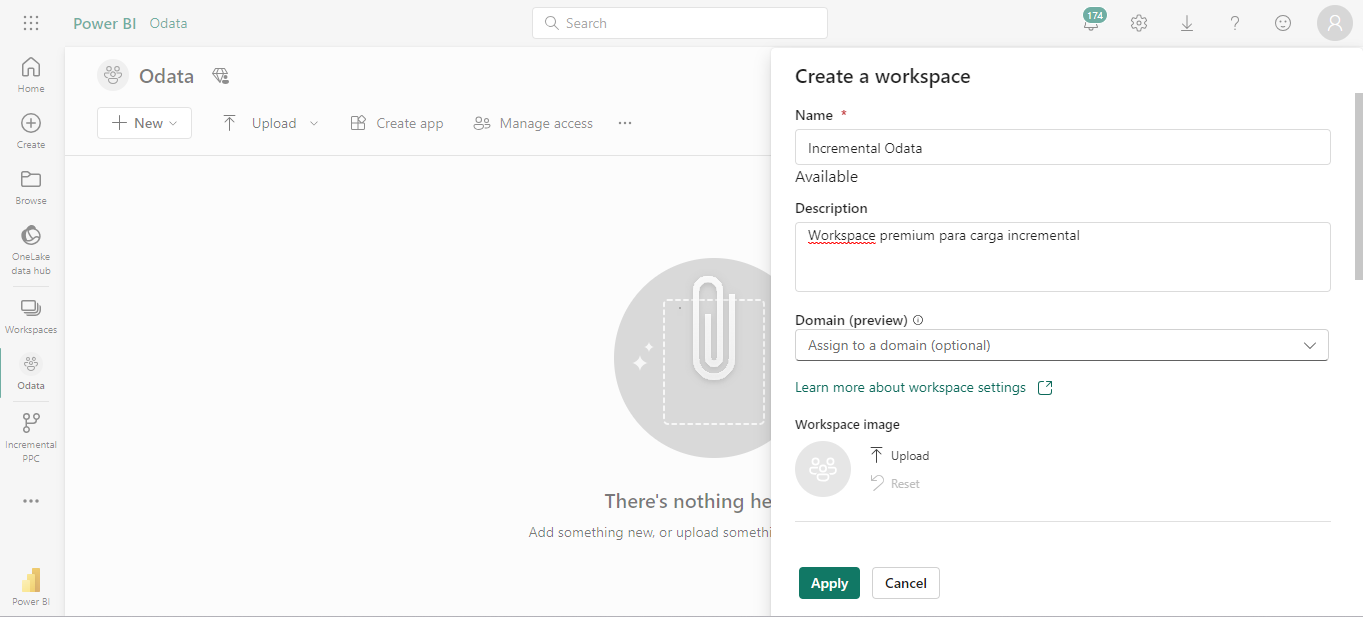 Figure 2. Power BI screen > Create a workspace