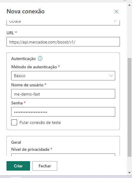 Figura 4. Continuação da tela com os parâmetros a serem preenchidos da Nova conexão