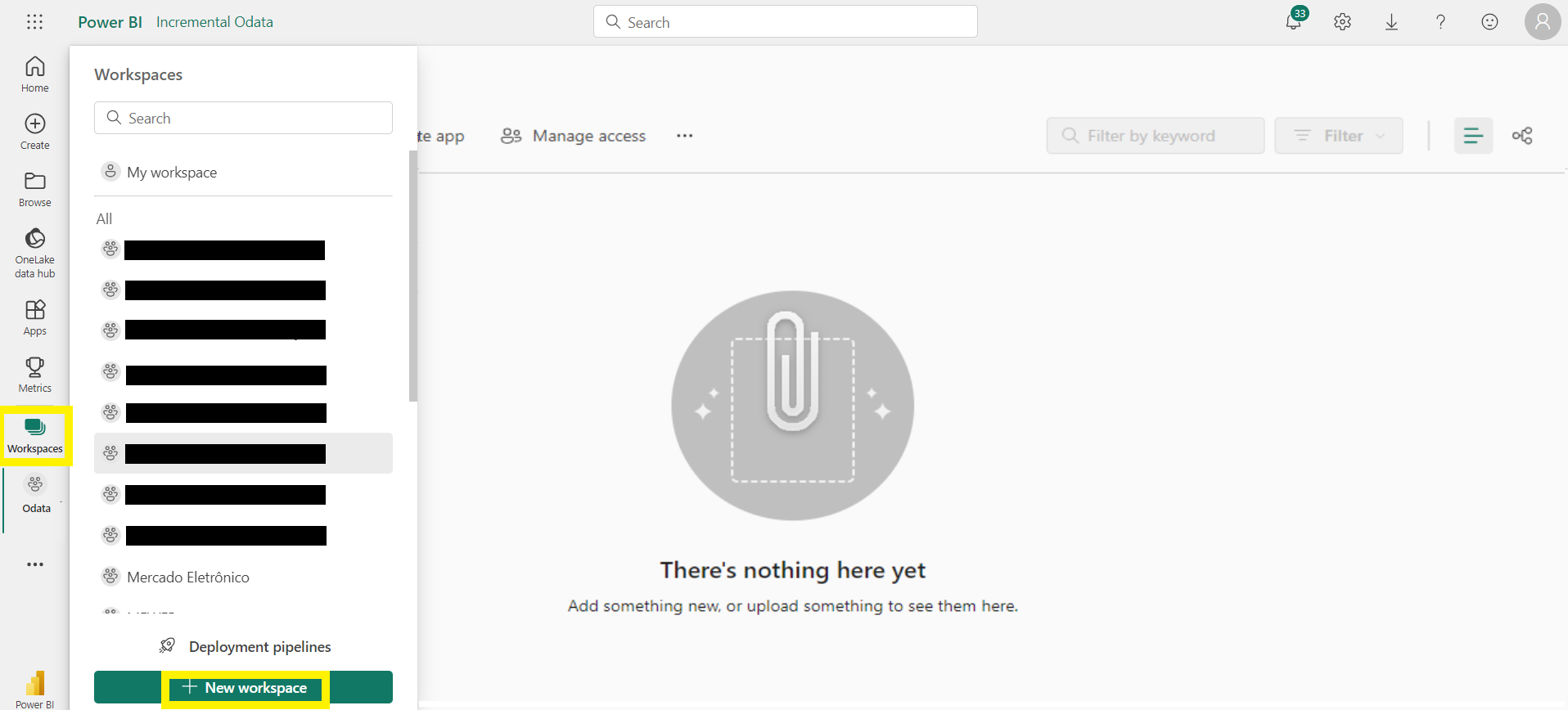 Figura 1. Tela Power BI > Workspaces > + New Workspace