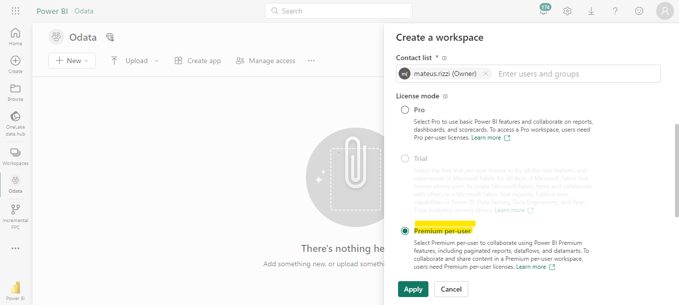 Figure 3. Power BI screen > Create a workspace > License mode