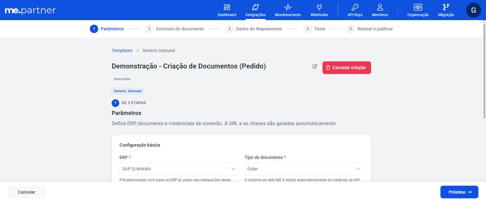 Figura 2. Assistente de criação, etapa Parâmetros