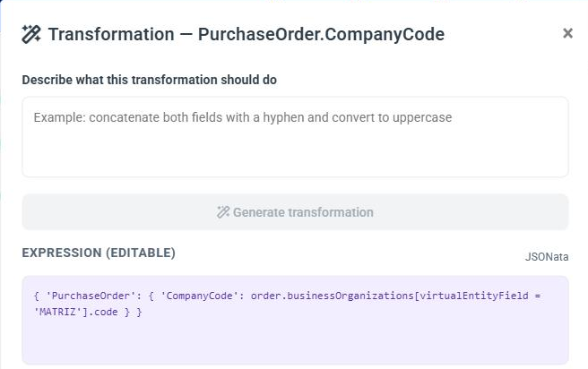 Figure 3. Expression generated for the CompanyCode field: the item of the businessOrganizations list is chosen by the value of virtualEntityField