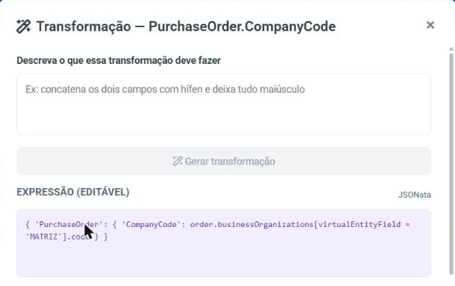 Figura 3. Expressão gerada para o campo CompanyCode: o item da lista businessOrganizations é escolhido pelo valor de virtualEntityField