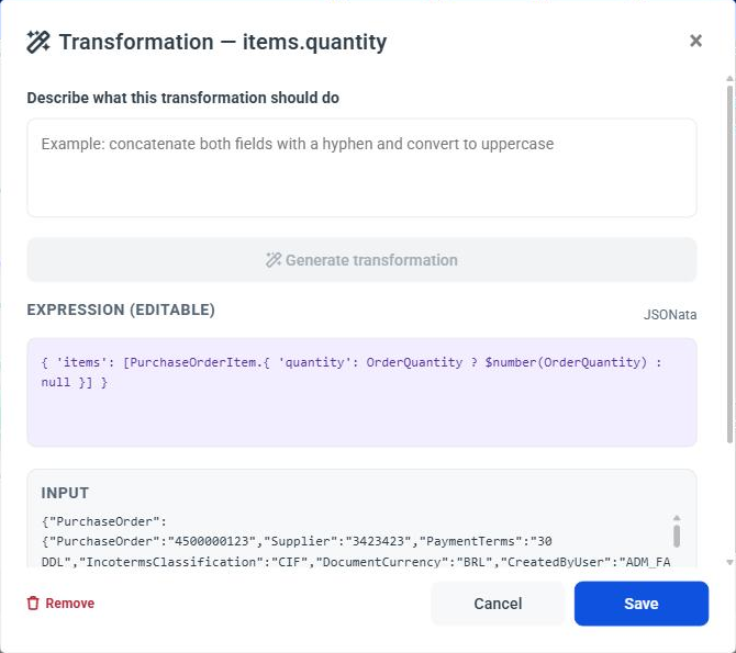 Figure 3. Transformation panel with the description, the editable expression and the input used in the preview