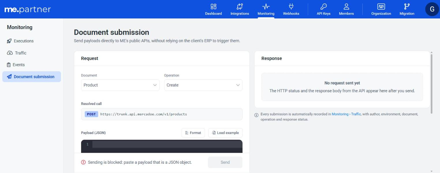 Partner's Portal Document Submission screen, with the Request and Response panels
