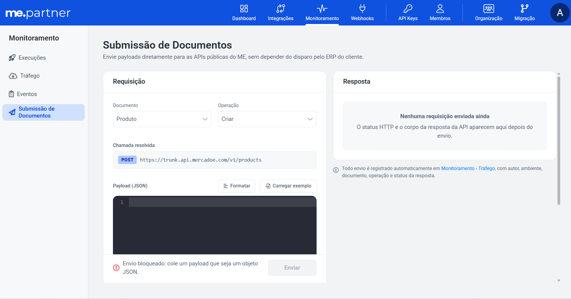Tela de Submissão de Documentos do Partner's Portal, com o painel de Requisição e o painel de Resposta